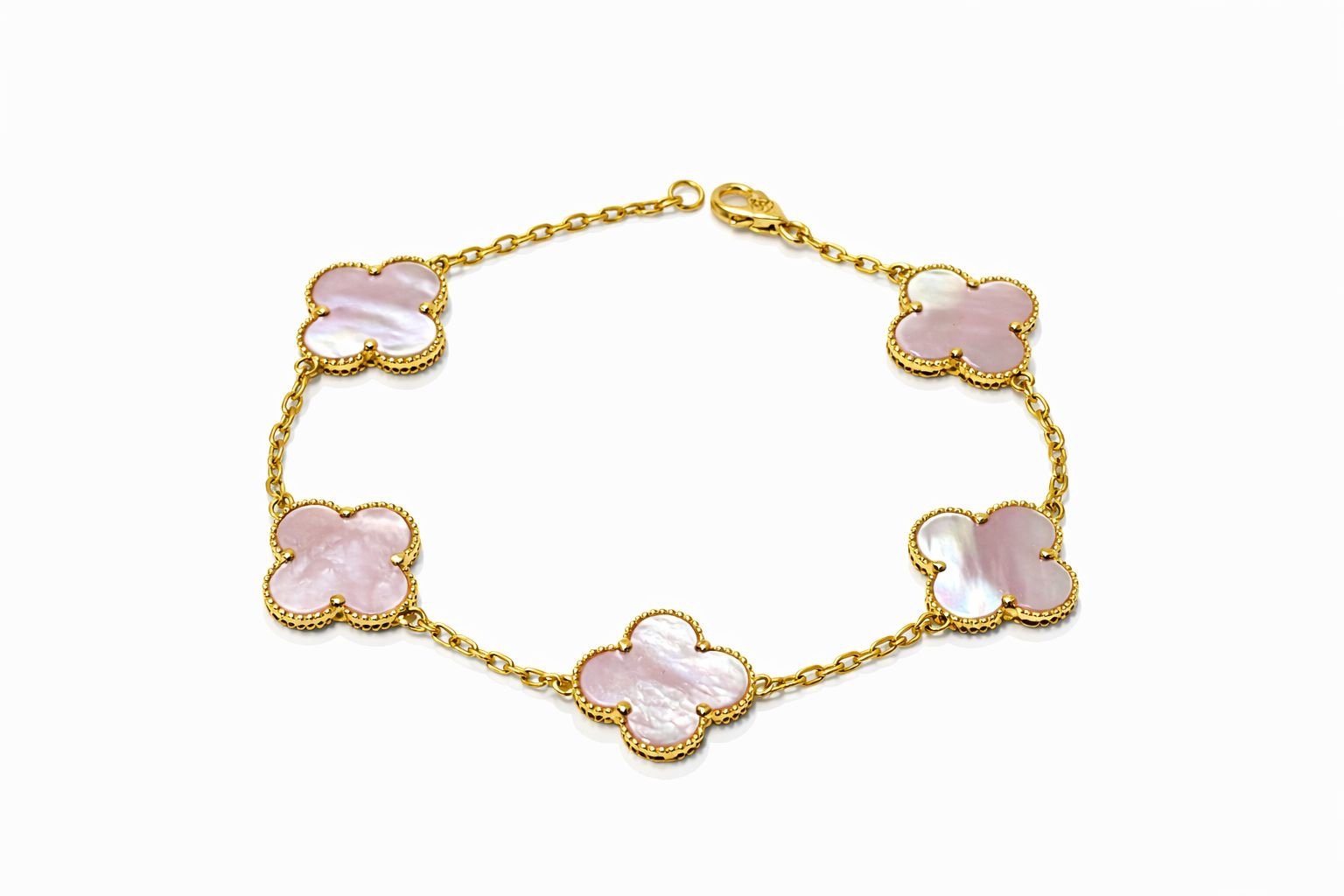 Bracelet d’or 18k, trèfles roses nacrées en calcédoine, tailles de 12mm, 18-19cm, 4.55g image 0