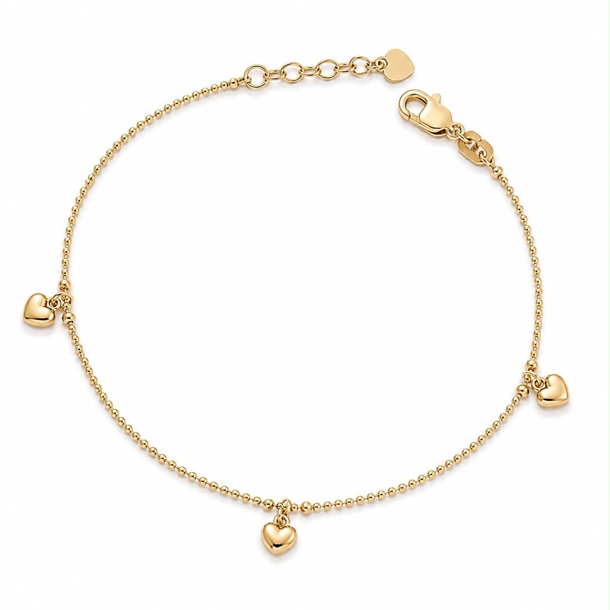 Bracelet d’or 18k, billes et trois cœurs, ajustable de 16.5cm à 19cm, 2.58g image 0
